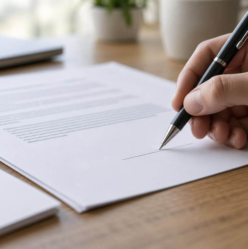 Person reading and signing documents at a desk