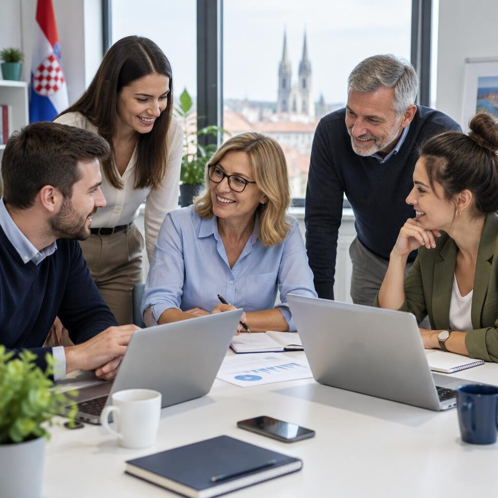 Group of colleagues discussing around a table with laptops
