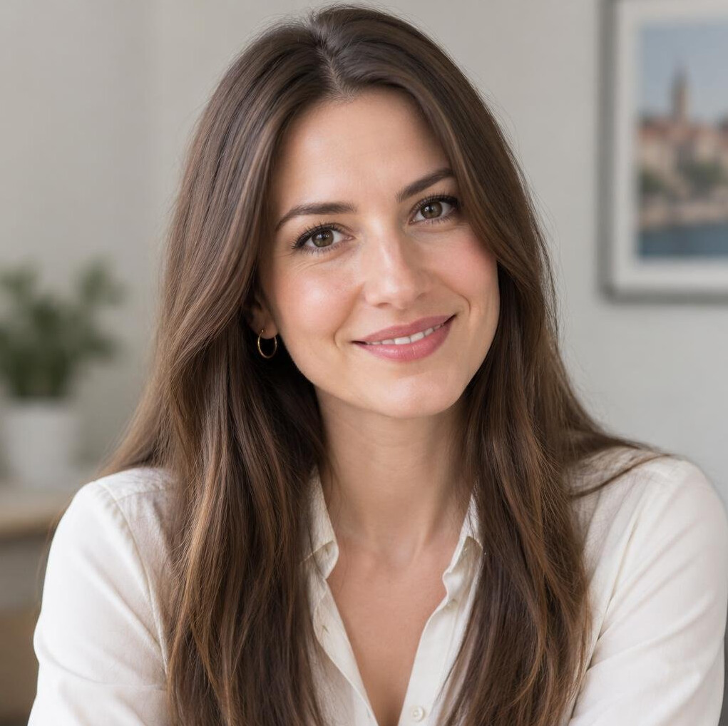 Portrait of a smiling woman with long brown hair