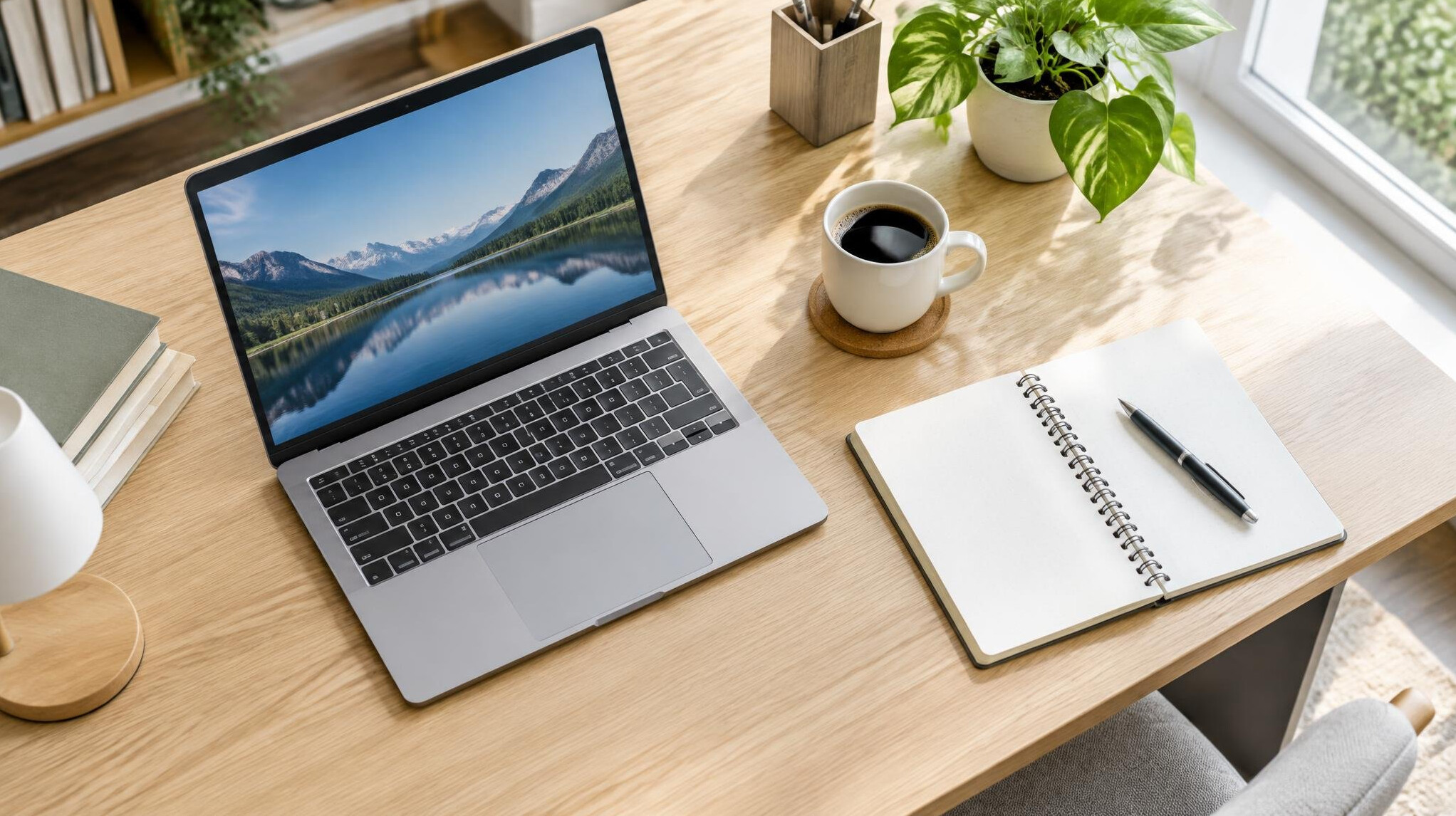 Laptop on a wooden desk with a notebook and coffee