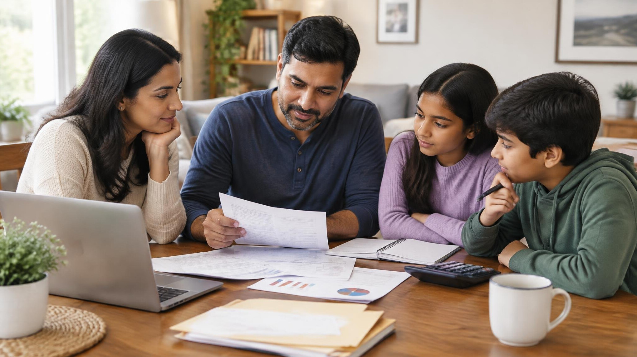 family discussing finances at home