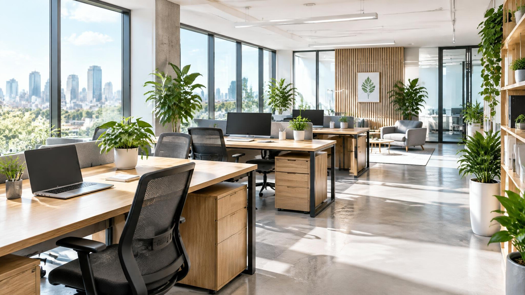 Bright modern office interior with desks and plants